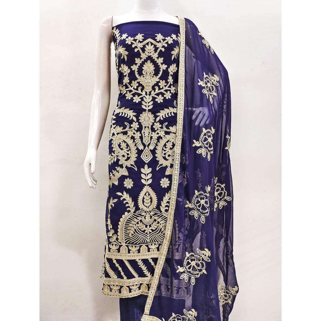 Navy Blue Floral Embroidered Georgette Dress Material