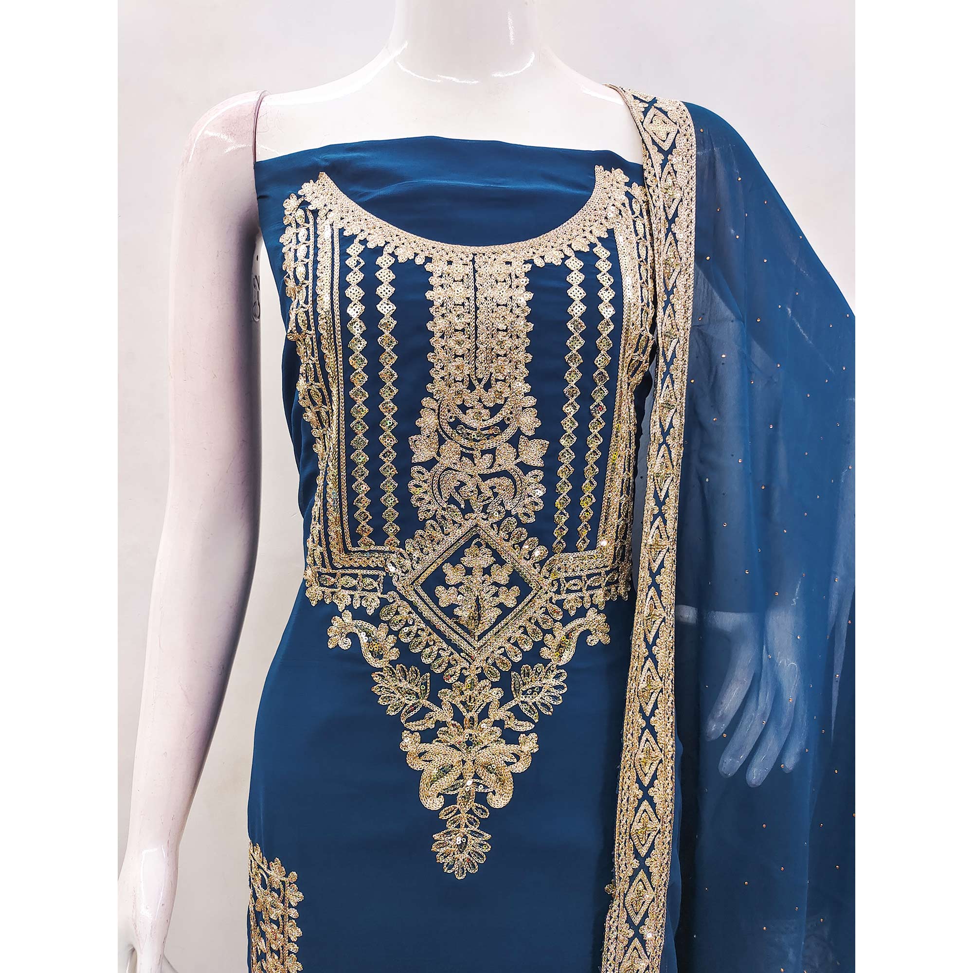 Blue Floral Sequins Embroidered Georgette Dress Material