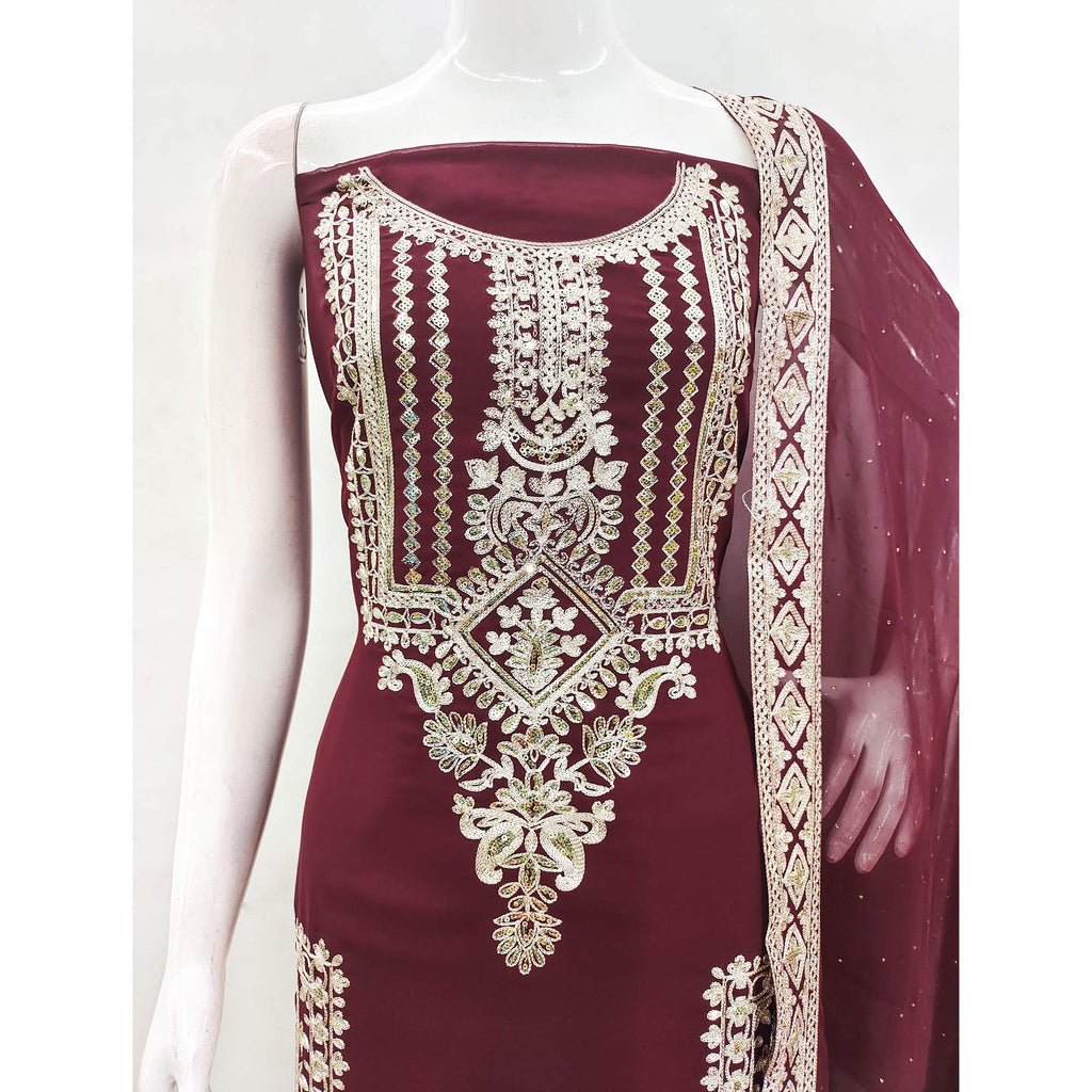 Maroon Floral Sequins Embroidered Georgette Dress Material