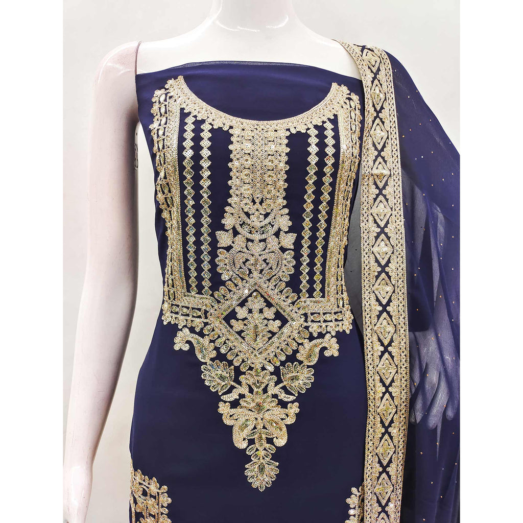 Navy Blue Floral Sequins Embroidered Georgette Dress Material