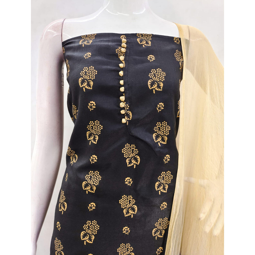 Black Floral Foil Printed Cotton Blend Dress Material