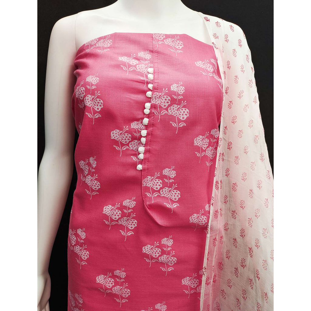 Pink Cotton Blend Floral Printed Dress Material
