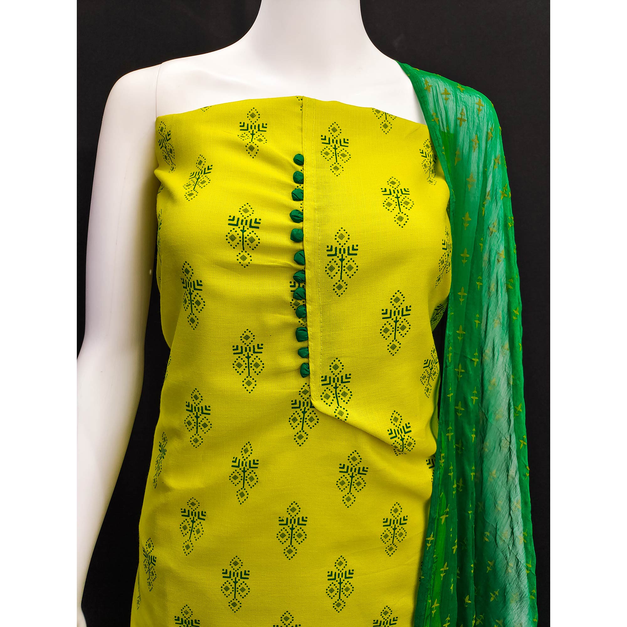 Lemon Green Floral Printed Cotton Blend Dress Material