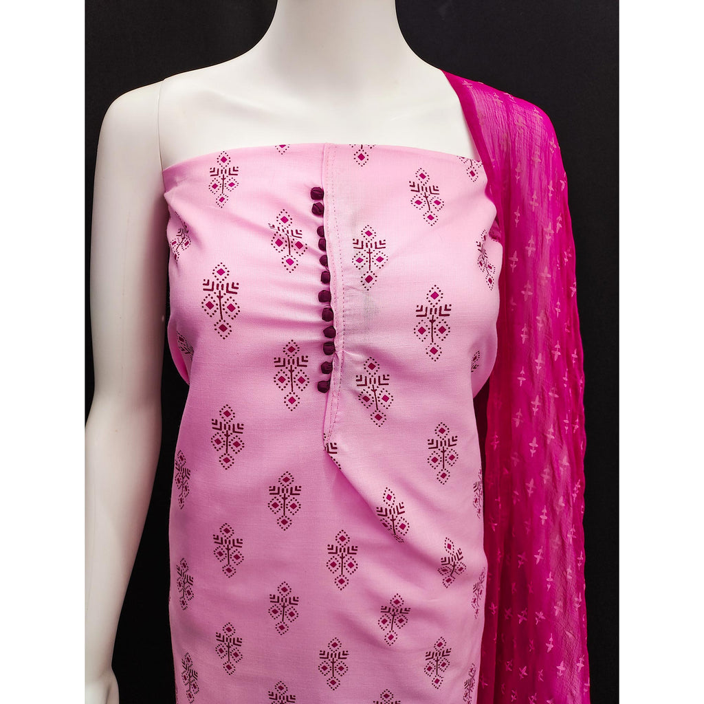 Pink Floral Printed Cotton Blend Dress Material