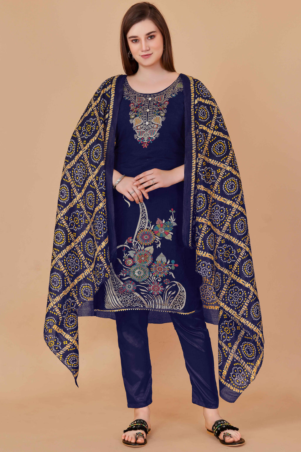 Blue Floral Woven Chanderi Jacquard Dress Material