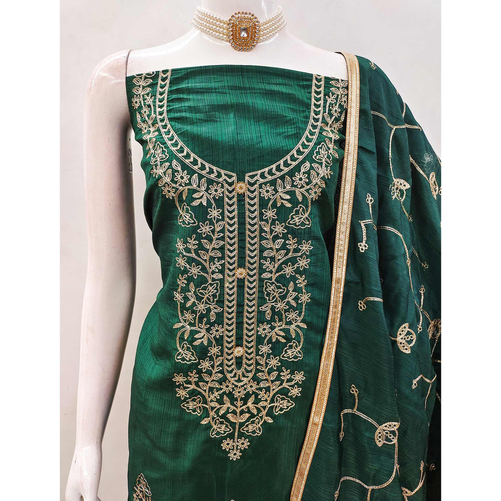 Green Floral Embroidered Art Silk Dress Material