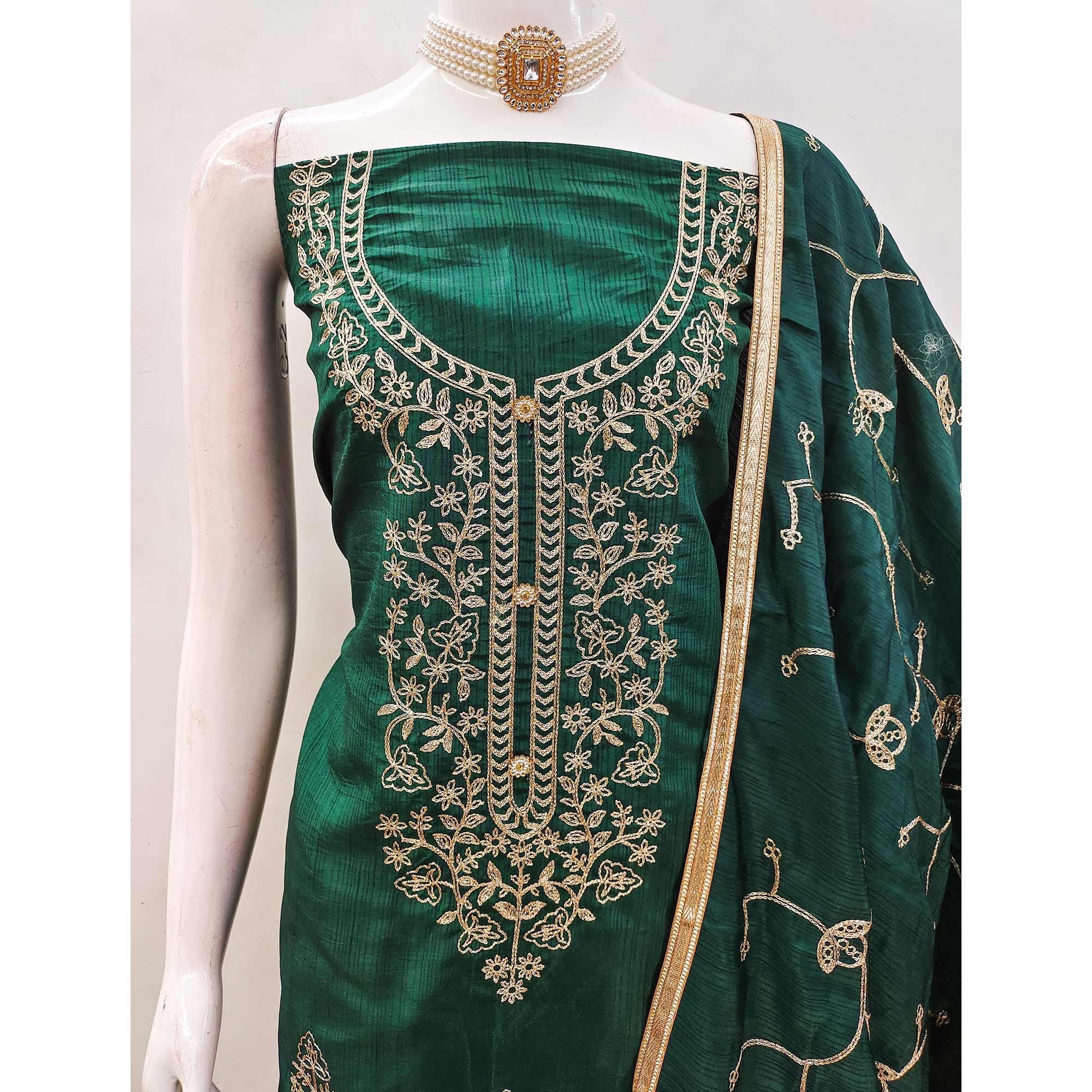 Green Floral Embroidered Art Silk Dress Material