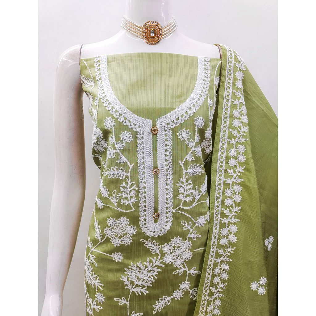 Green Floral Embroidered Art Silk Dress Material