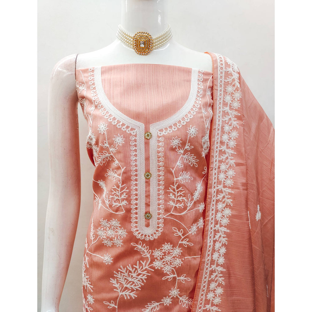Peach Floral Embroidered Art Silk Dress Material