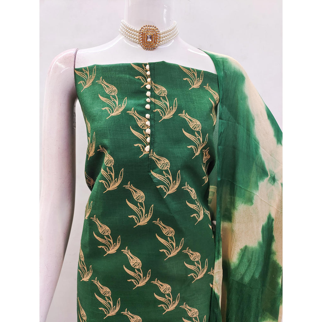 Green Floral Printed Slub Cotton Dress Material