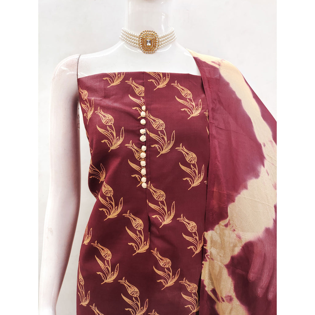Maroon Floral Printed Slub Cotton Dress Material