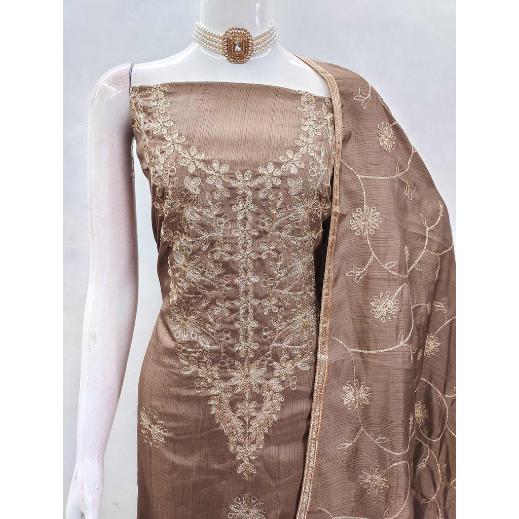 Chikoo Floral Embroidered Art Silk Dress Material