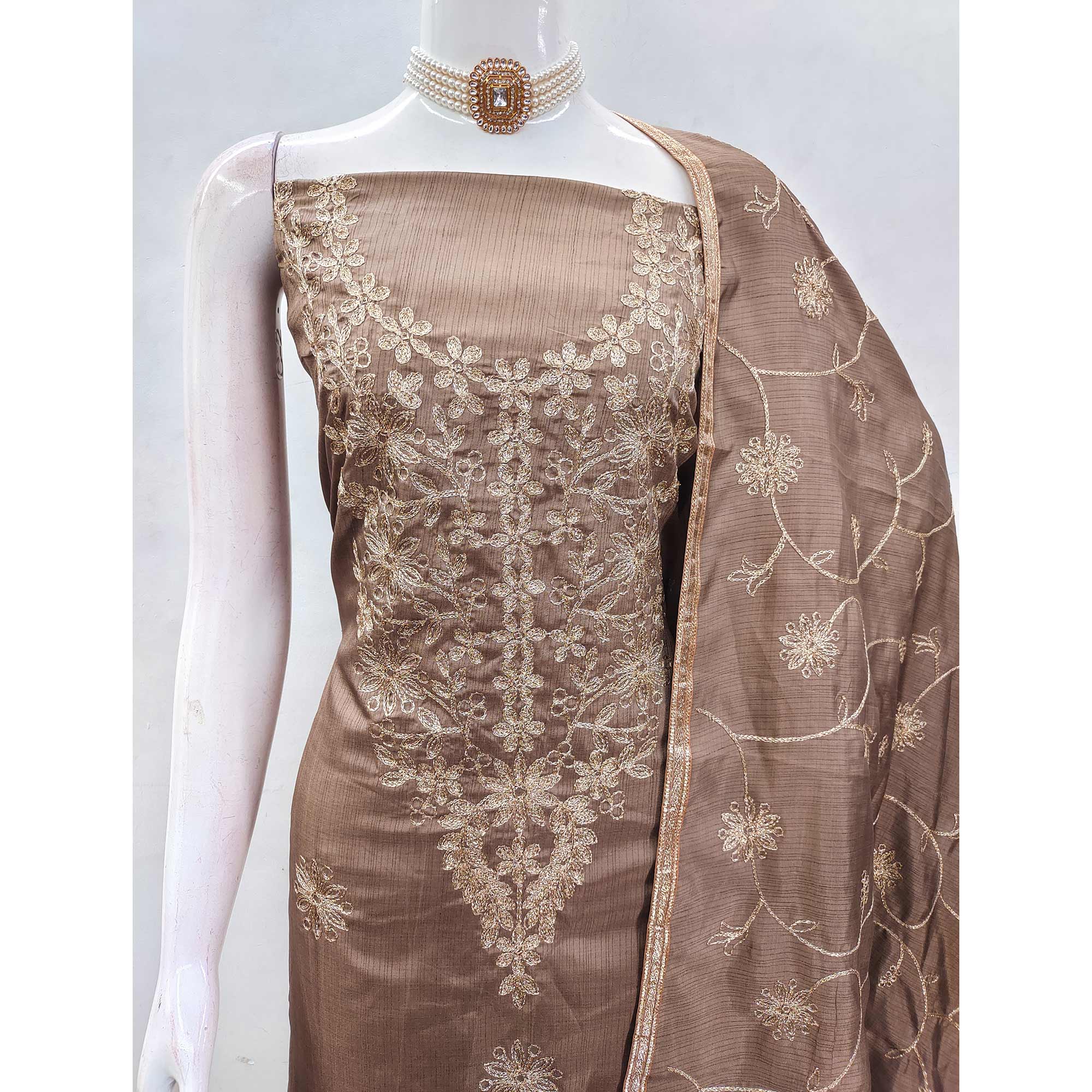 Chikoo Floral Embroidered Art Silk Dress Material