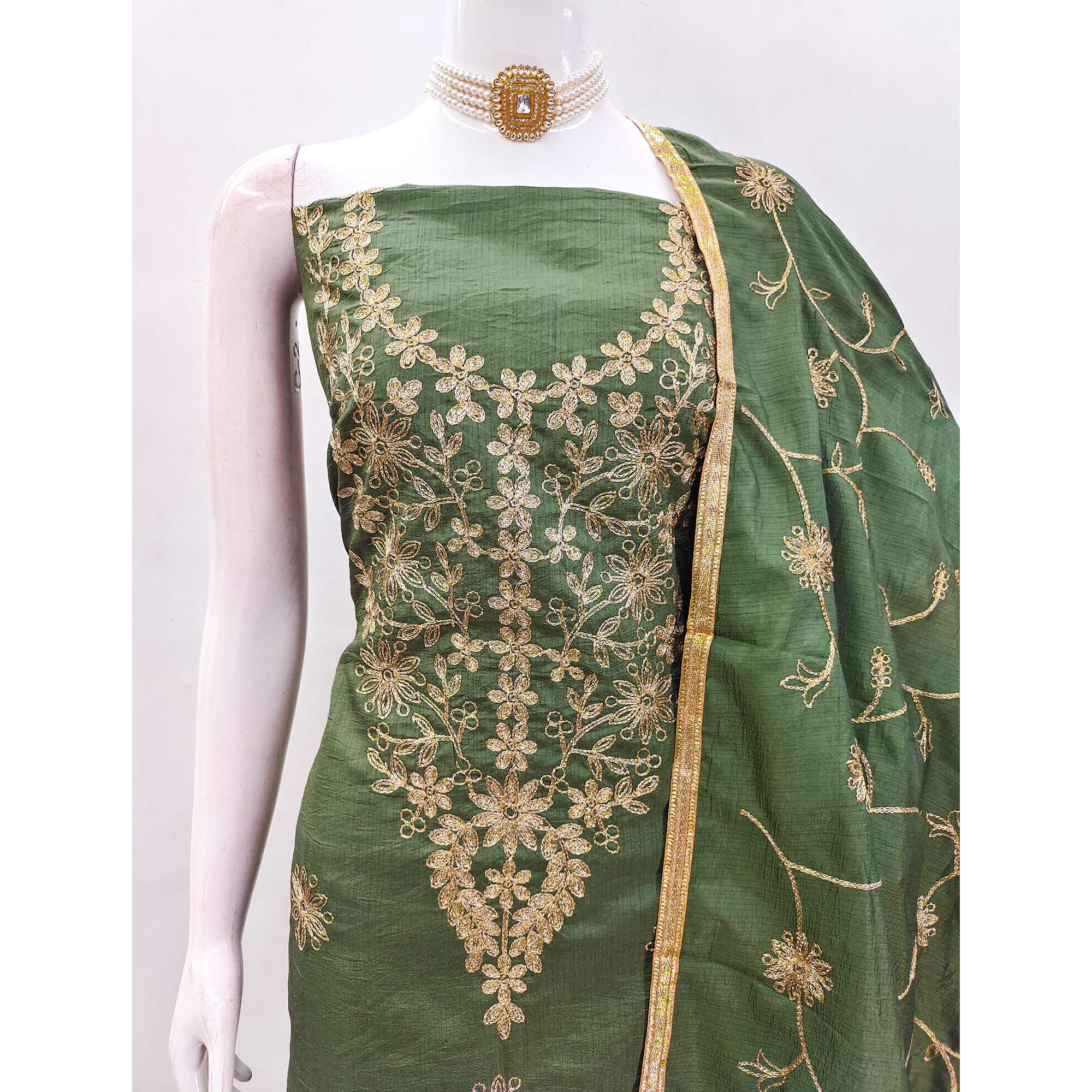Green Floral Embroidered Art Silk Dress Material