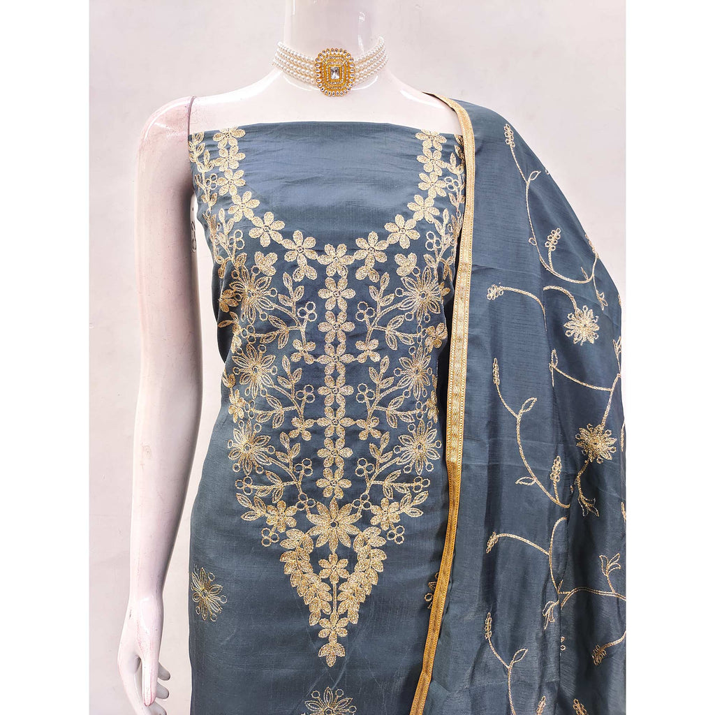 Grey Floral Embroidered Art Silk Dress Material