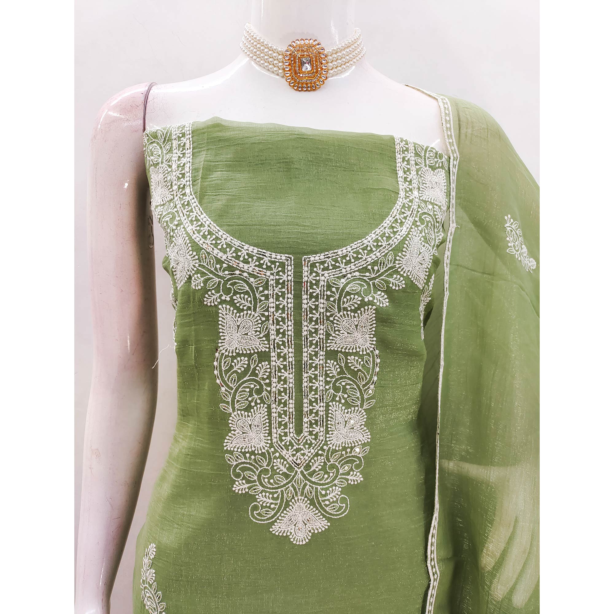Green Georgette Crunchy Silk Dress Material with Elegant Floral Thread Embroidery & Sequins Work