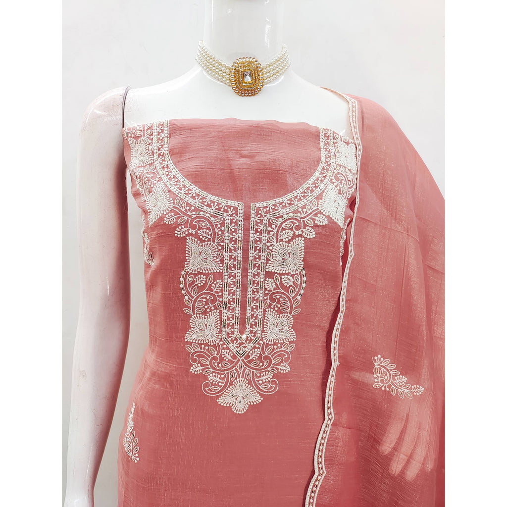 Peach Georgette Crunchy Silk Dress Material with Elegant Floral Thread Embroidery & Sequins Work