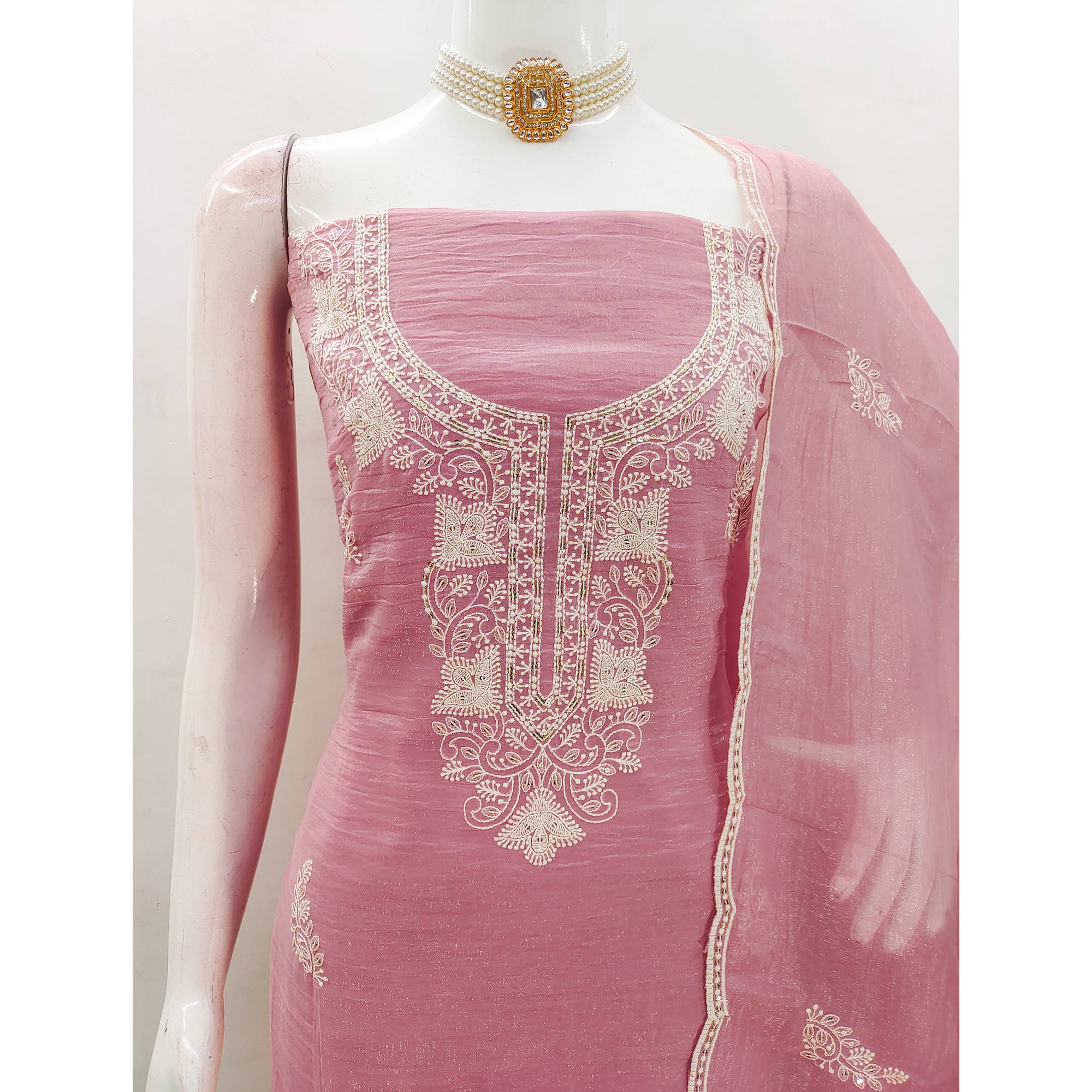 Pink Georgette Crunchy Silk Dress Material with Elegant Floral Thread Embroidery & Sequins Work