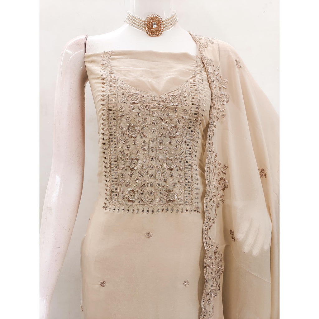 Chikoo Georgette Dress Material With Intricate Floral Zari Embroidery & Sequins Work