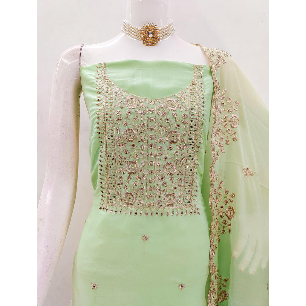 Green Georgette Dress Material With Intricate Floral Zari Embroidery & Sequins Work