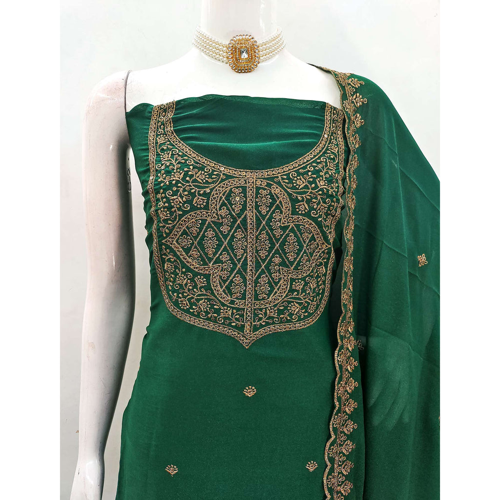 Green Georgette Dress Material With Sparkling Sequins & Zari Floral Embroidery