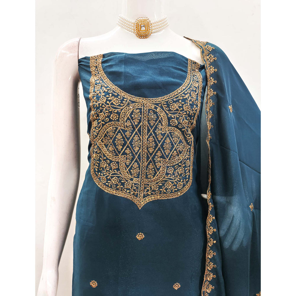 Morpich Blue Georgette Dress Material With Sparkling Sequins & Zari Floral Embroidery
