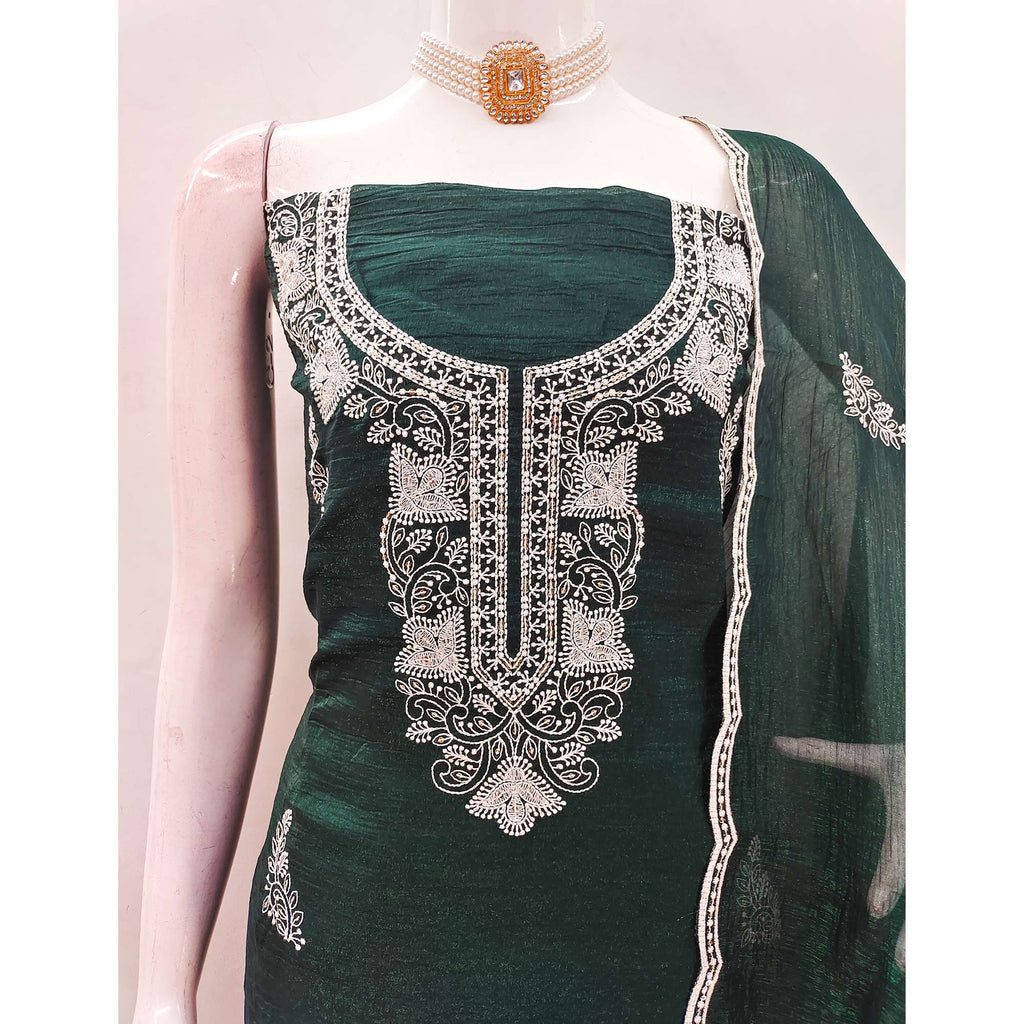 Bottle Green Dress Material With Threaded Floral Embroidery & Sequins on Crunchy Silk Georgette