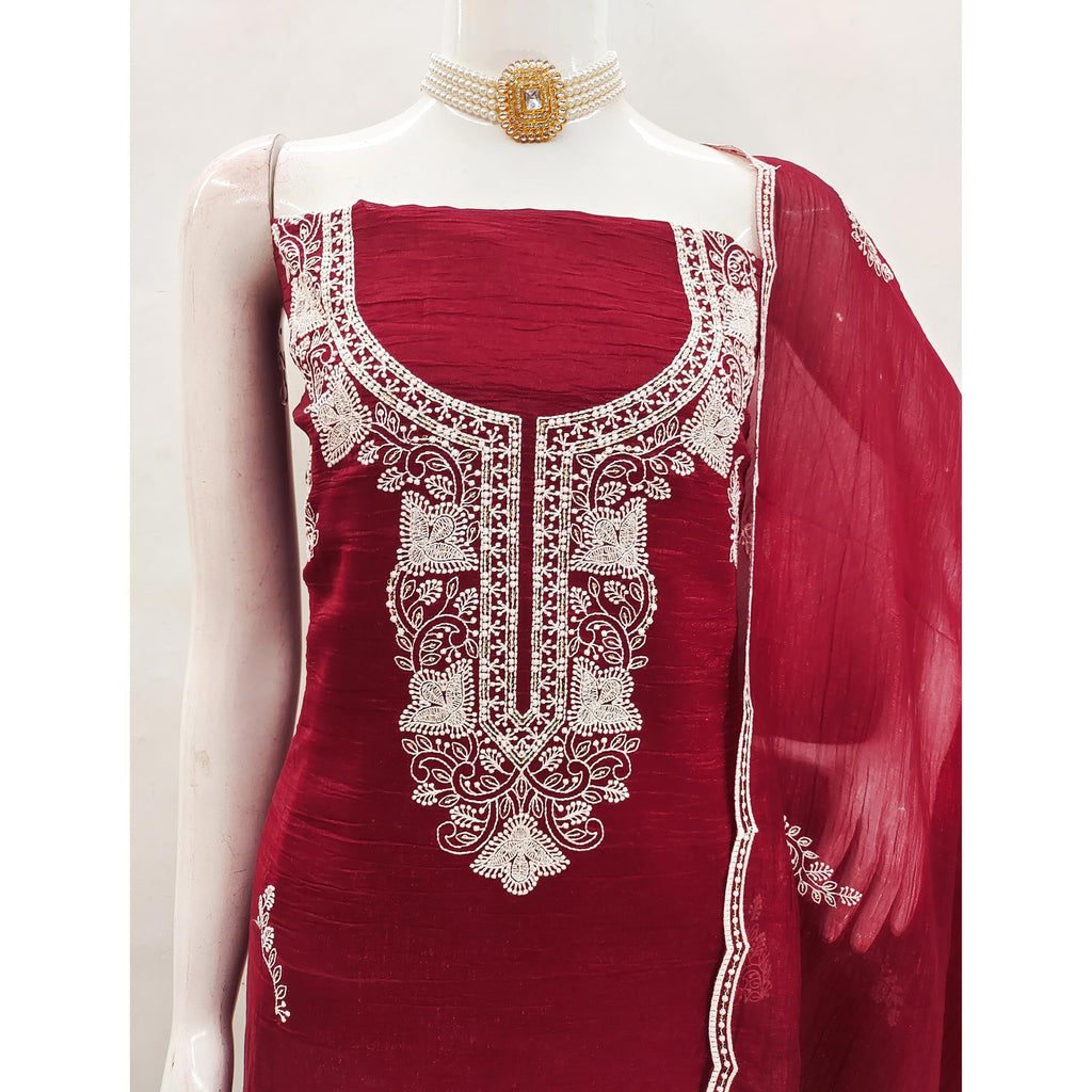 Maroon Dress Material With Threaded Floral Embroidery & Sequins on Crunchy Silk Georgette