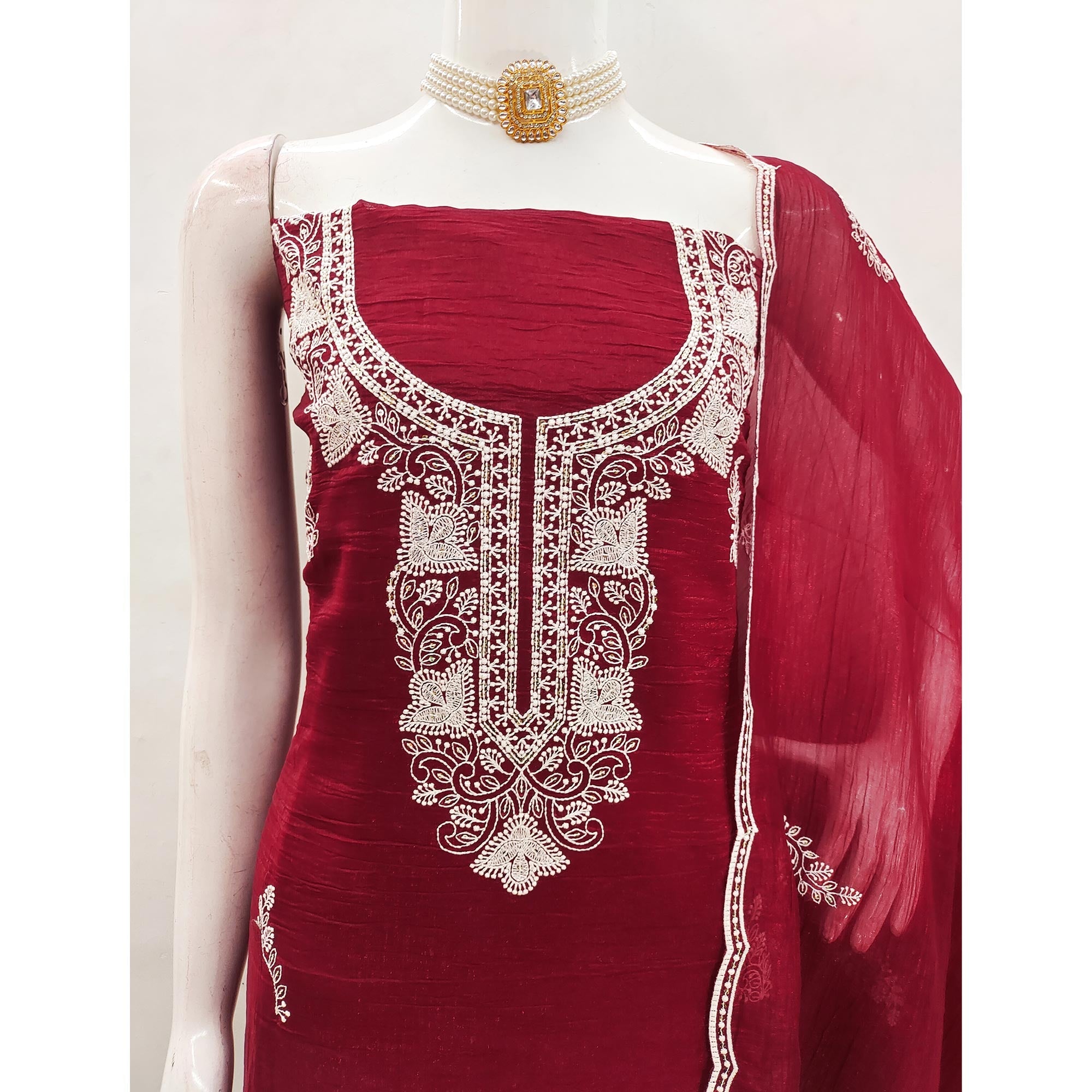 Maroon Dress Material With Threaded Floral Embroidery & Sequins on Crunchy Silk Georgette