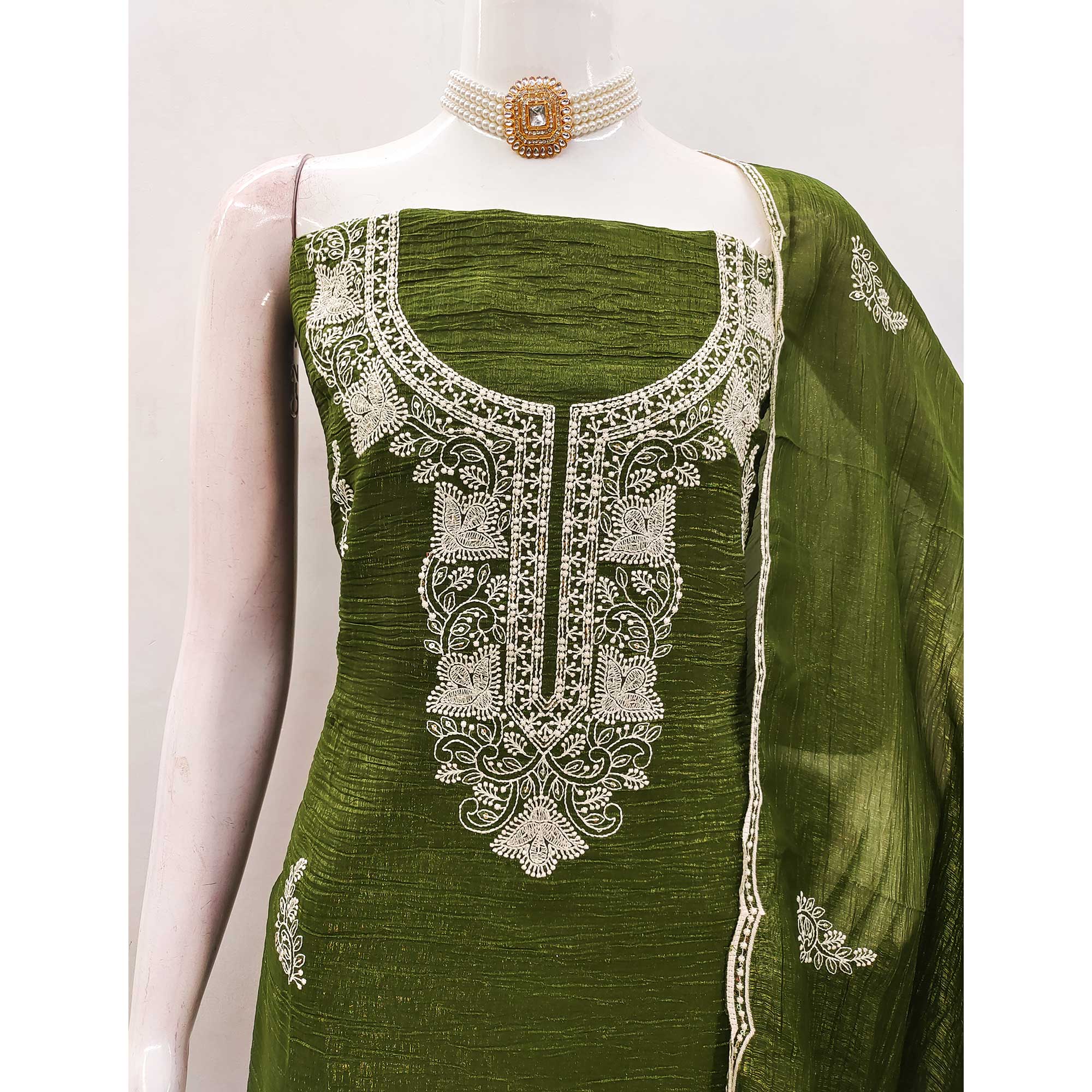 Mehendi Green Dress Material With Threaded Floral Embroidery & Sequins on Crunchy Silk Georgette