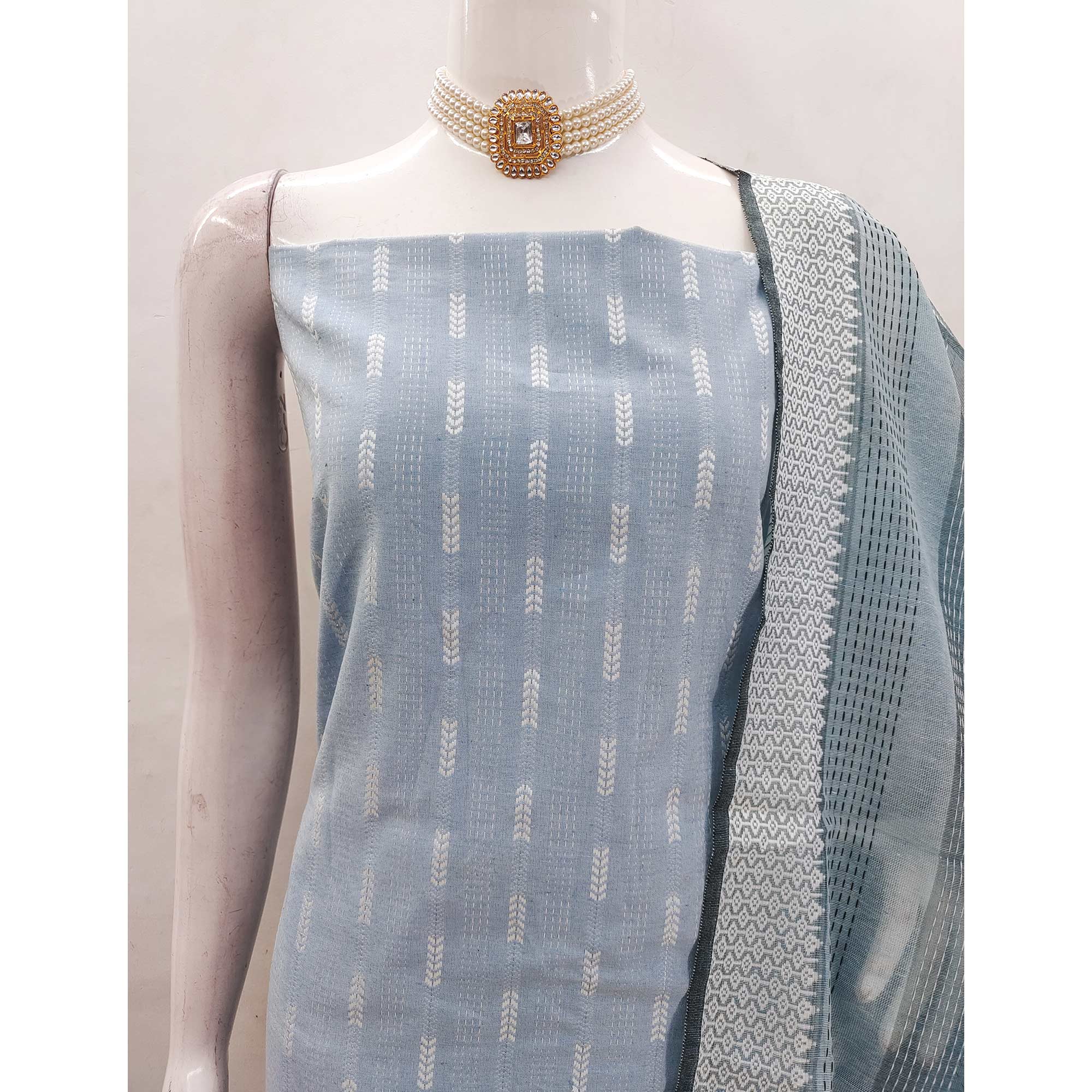 Graceful Grey Woven Work Dress Material In Poly Cotton Blend
