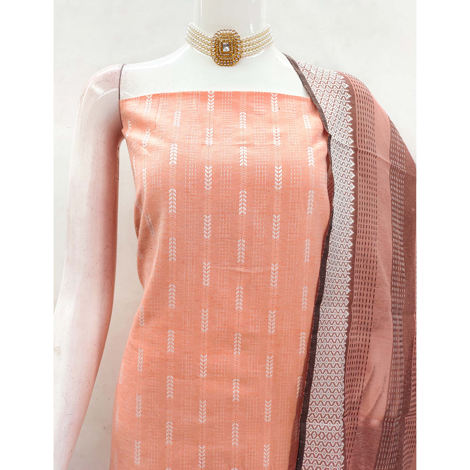 Charming Peach Woven Poly Cotton Blend Dress Material