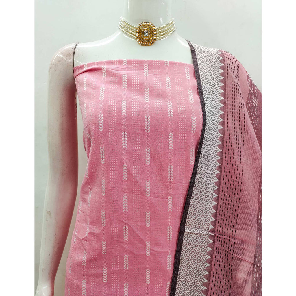 Elegant Pink Woven Texture Dress Material In Poly Cotton Blend