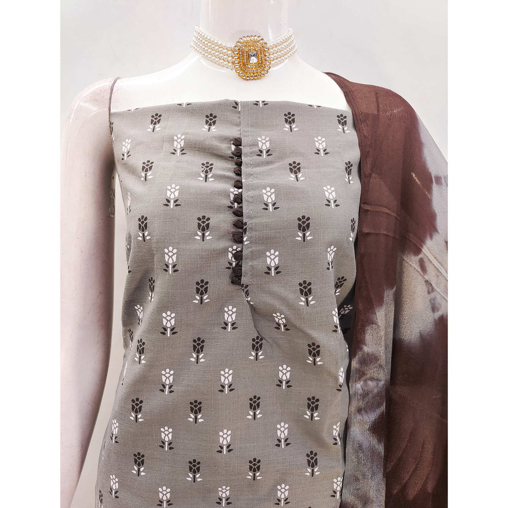 Elegant Light Grey Floral Printed Cotton Blend Dress Material
