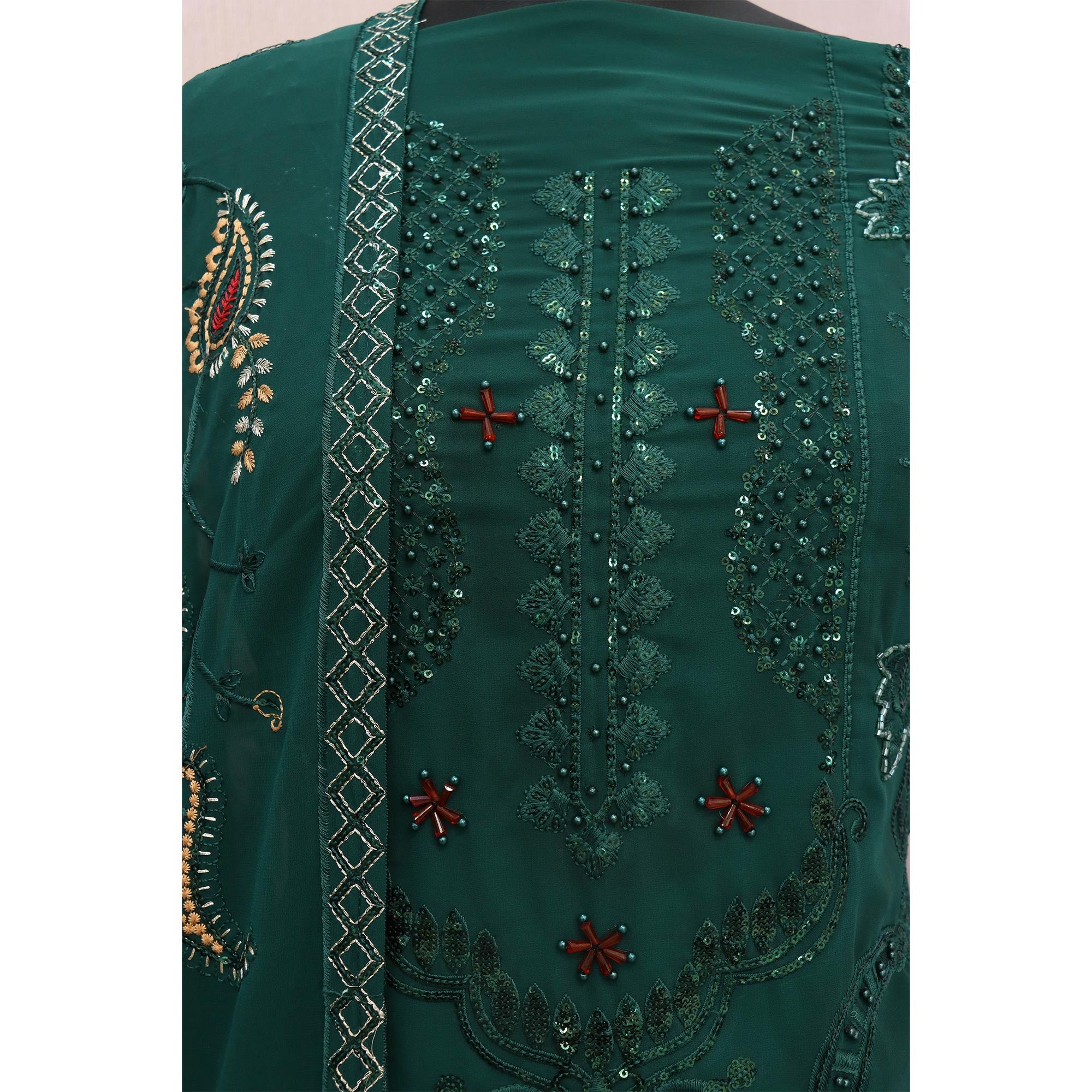 Green Heavy Embroidered Work Georgette Dress Material