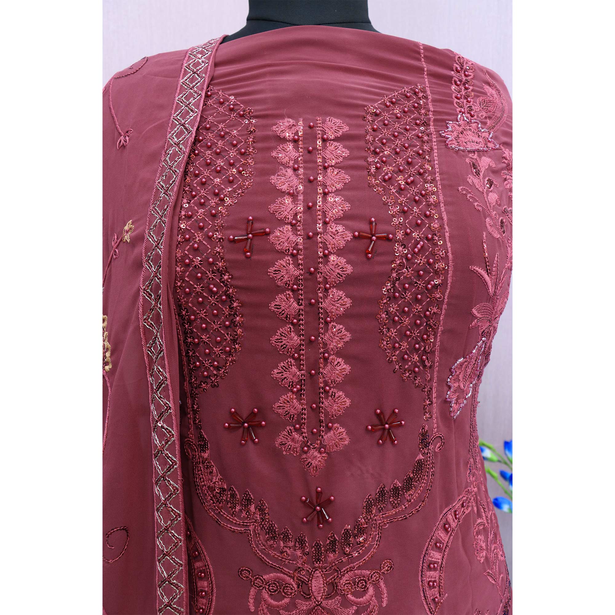 Dusty Pink Heavy Embroidered Work Georgette Dress Material