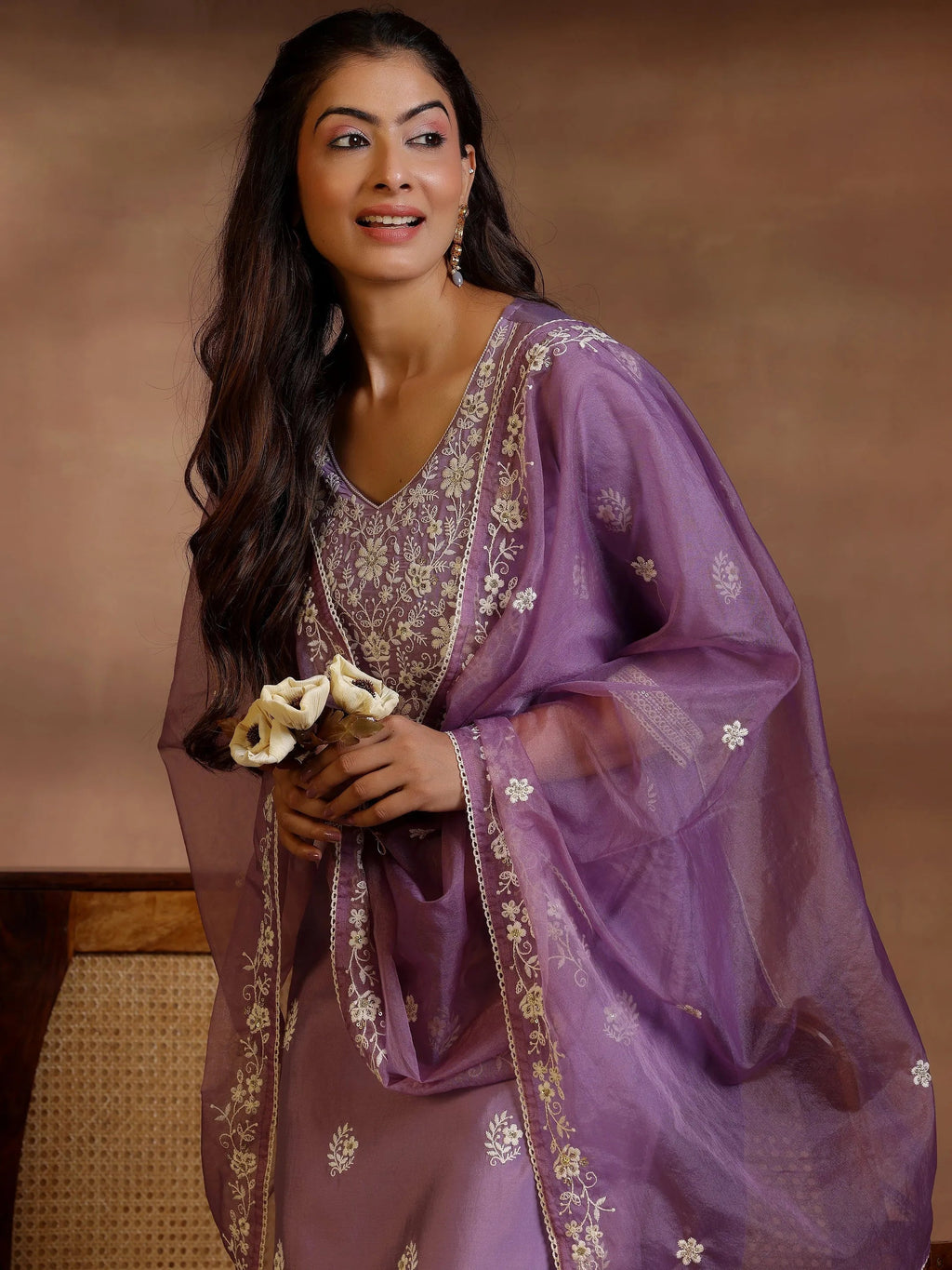 Mauve Embroidered Silk Blend Straight Suit With Dupatta