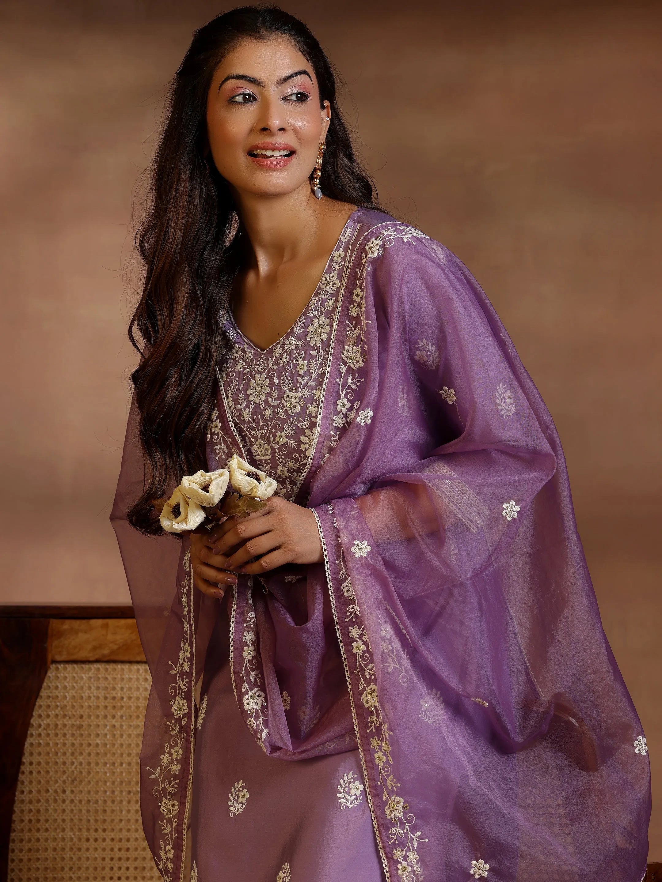 Mauve Embroidered Silk Blend Straight Suit With Dupatta