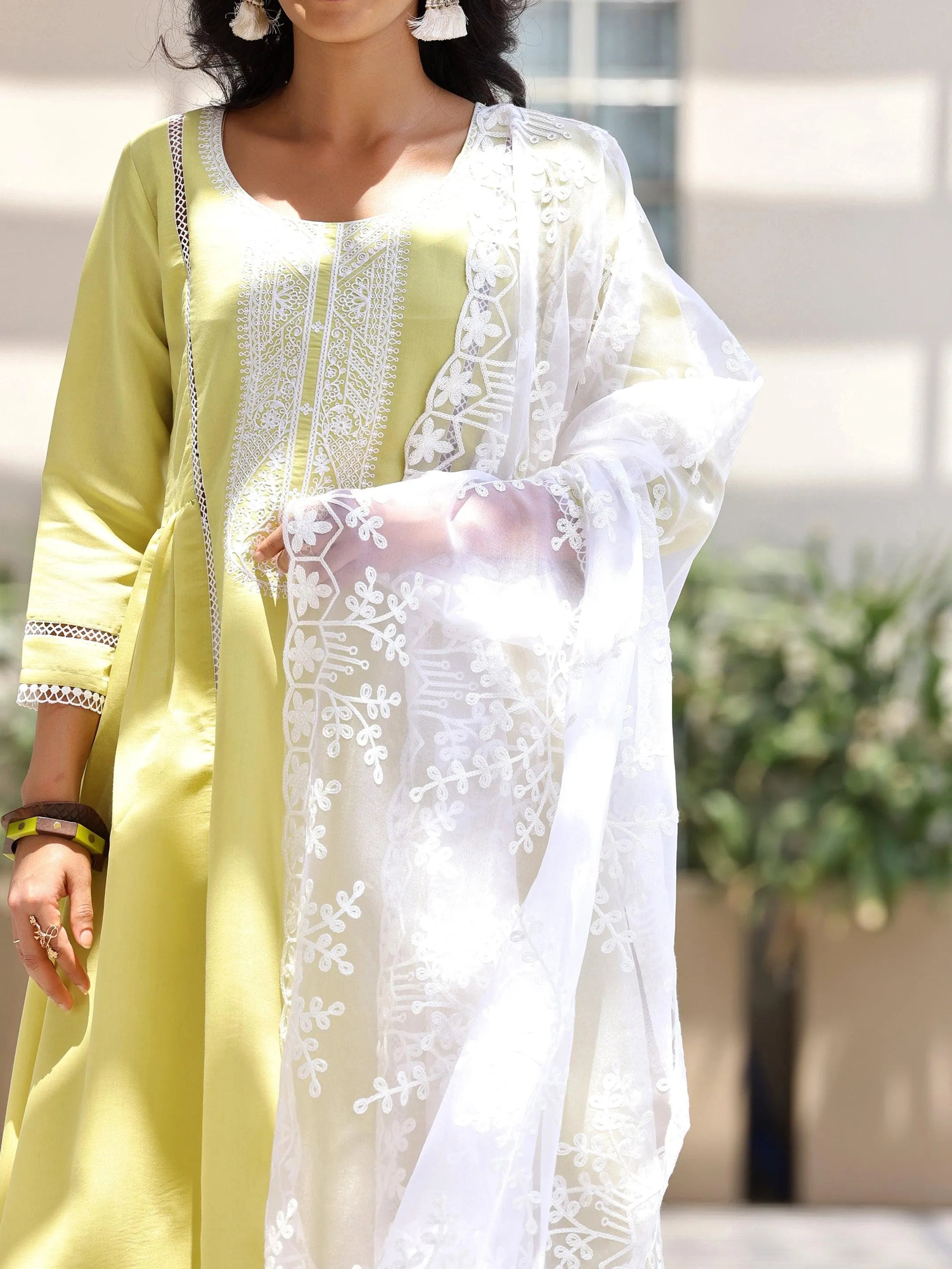 Green Embroidered Silk Blend A-Line Kurta With Trousers & Dupatta