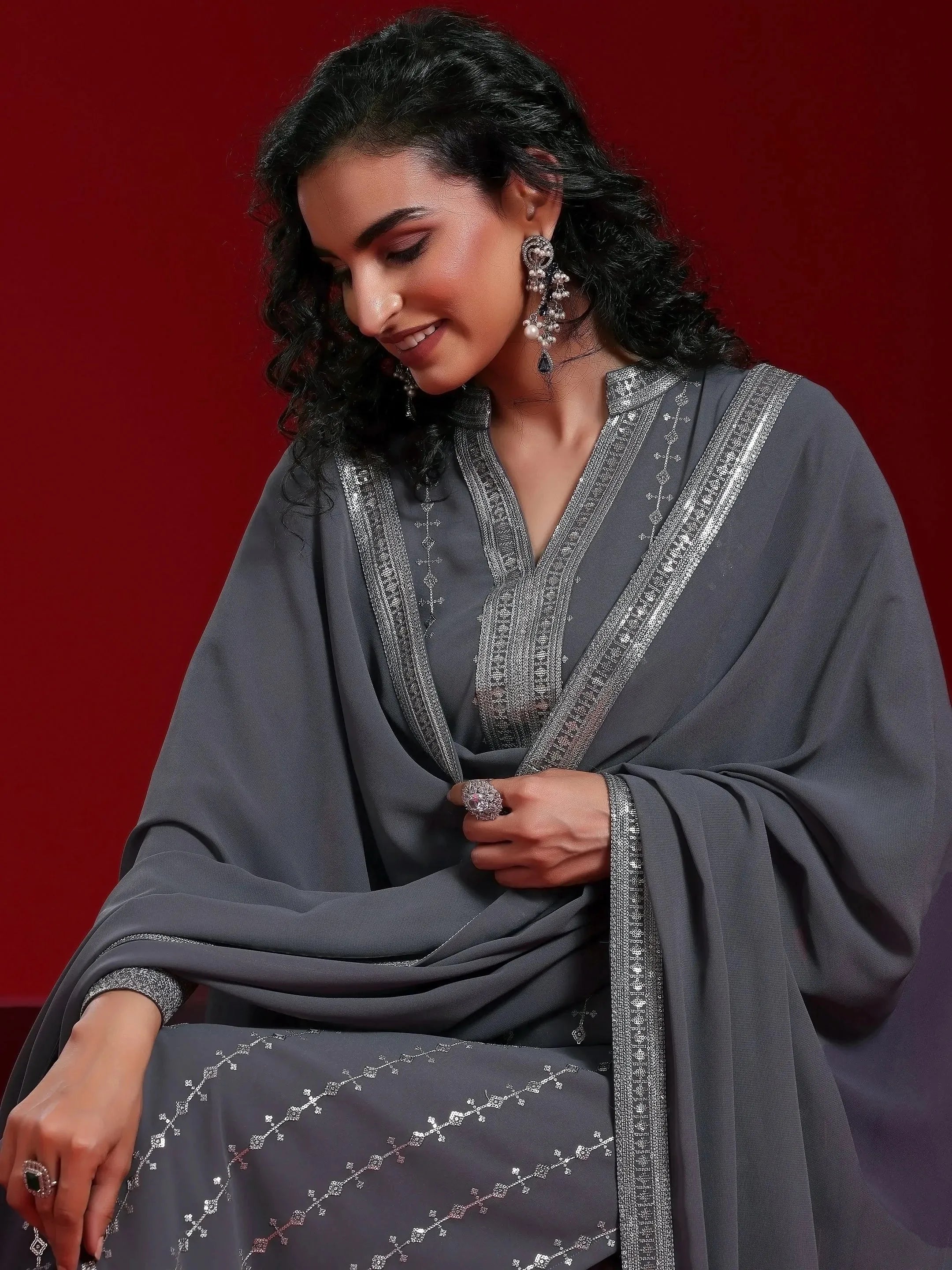 Grey Embroidered Georgette Straight Suit With Dupatta
