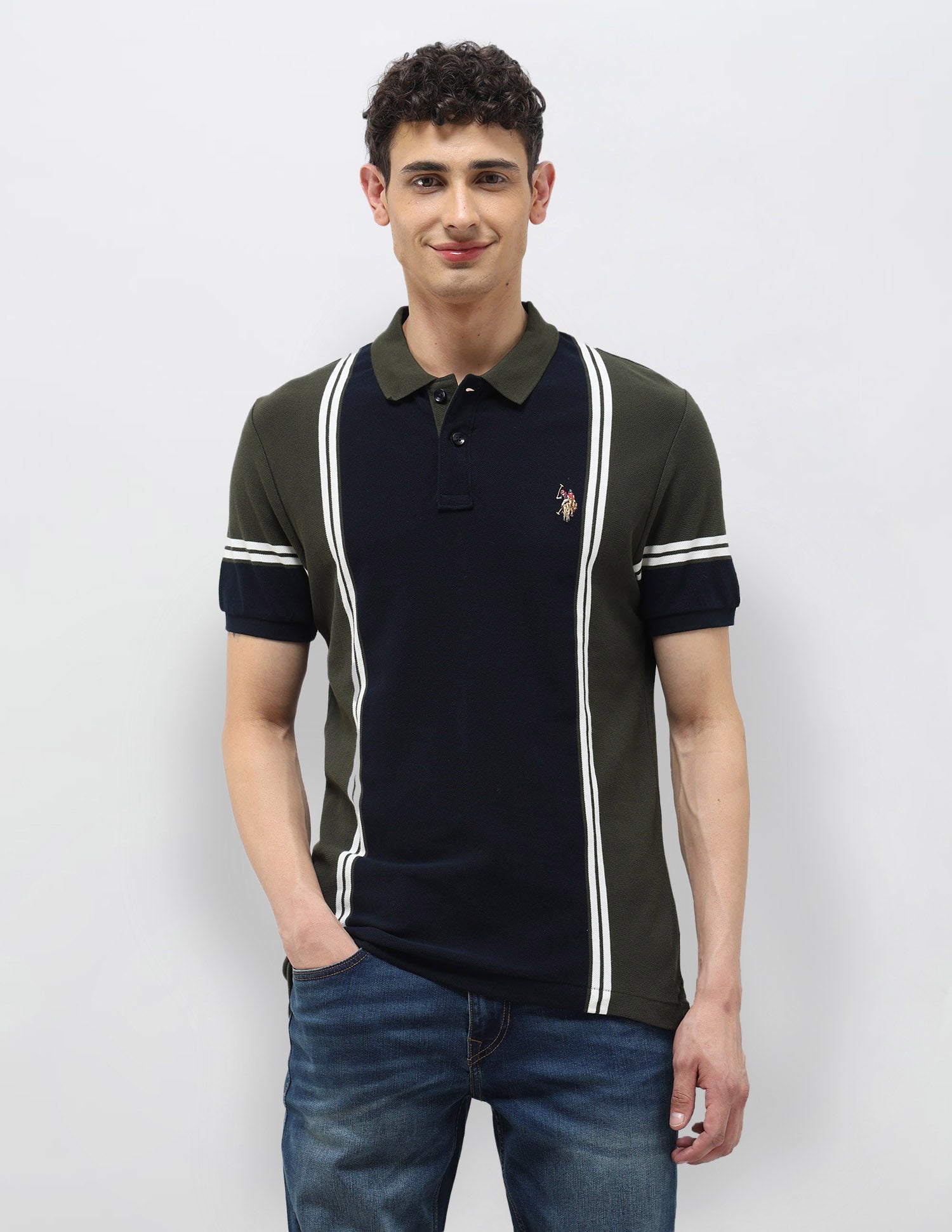Colorblocked Vertical Striped Polo Shirt