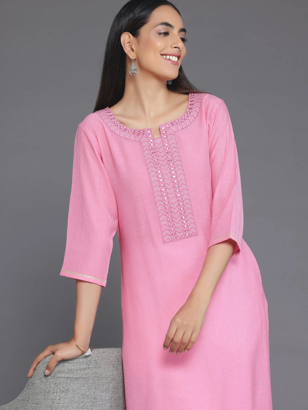Pink Yoke Design Cotton Straight Kurta - Libas