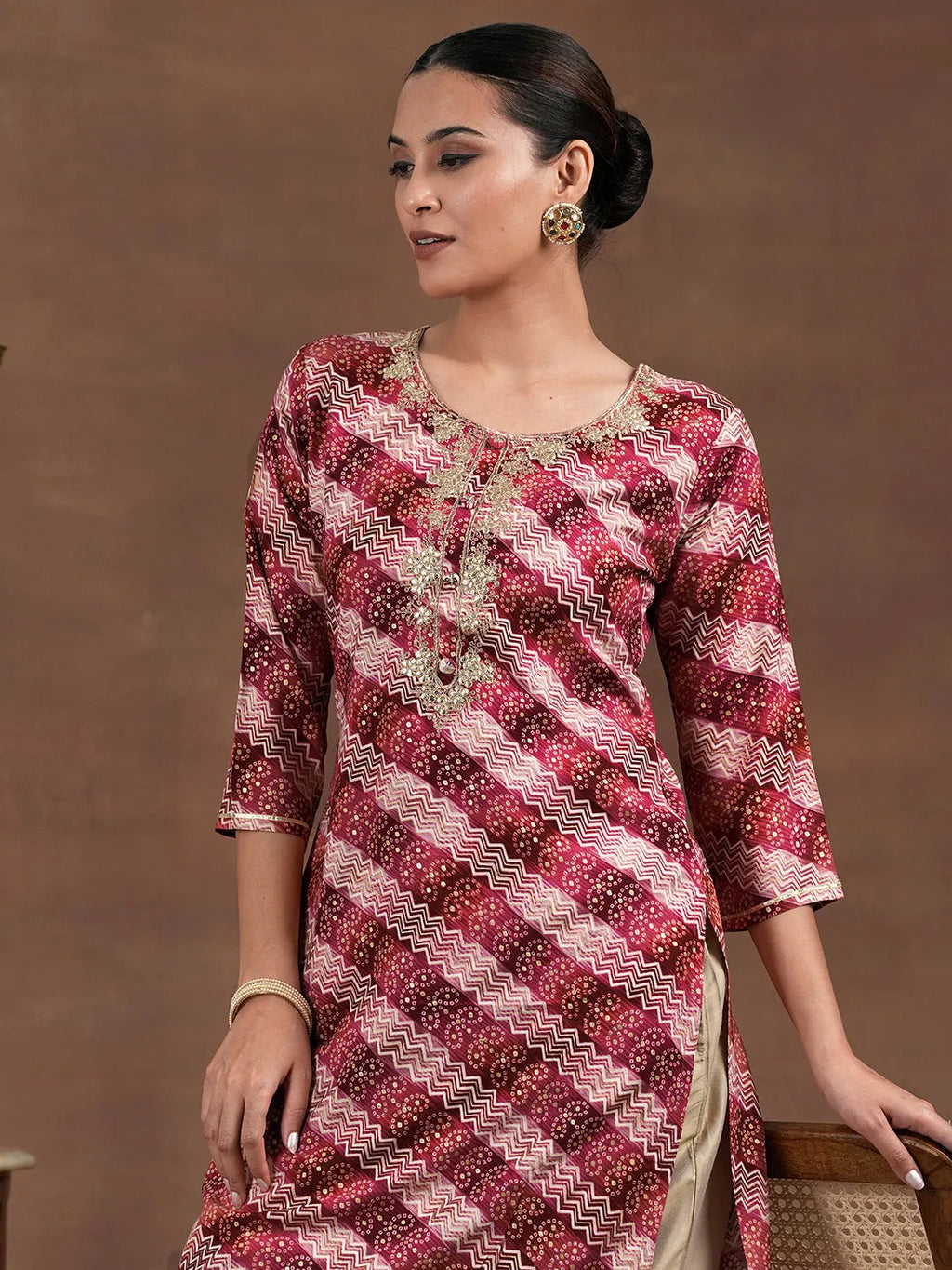 Maroon Printed Rayon Straight Kurta