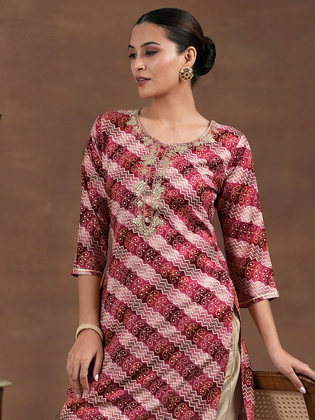 Maroon Printed Rayon Straight Kurta