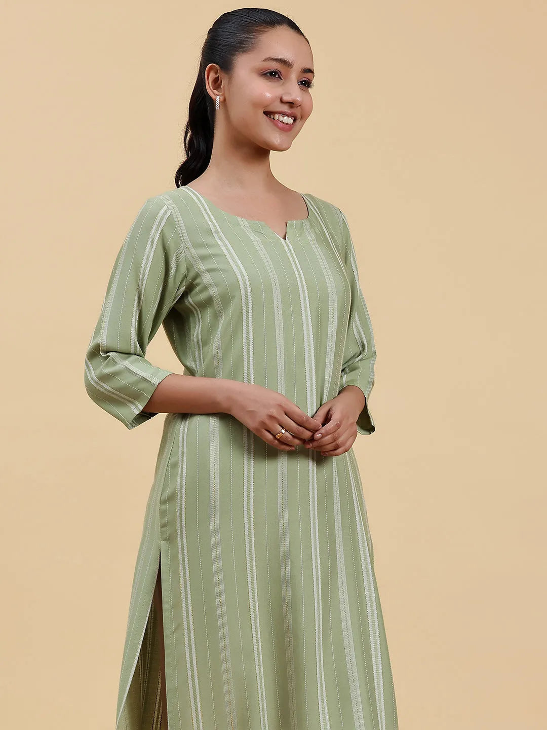 Green Woven Design Rayon Straight Kurta