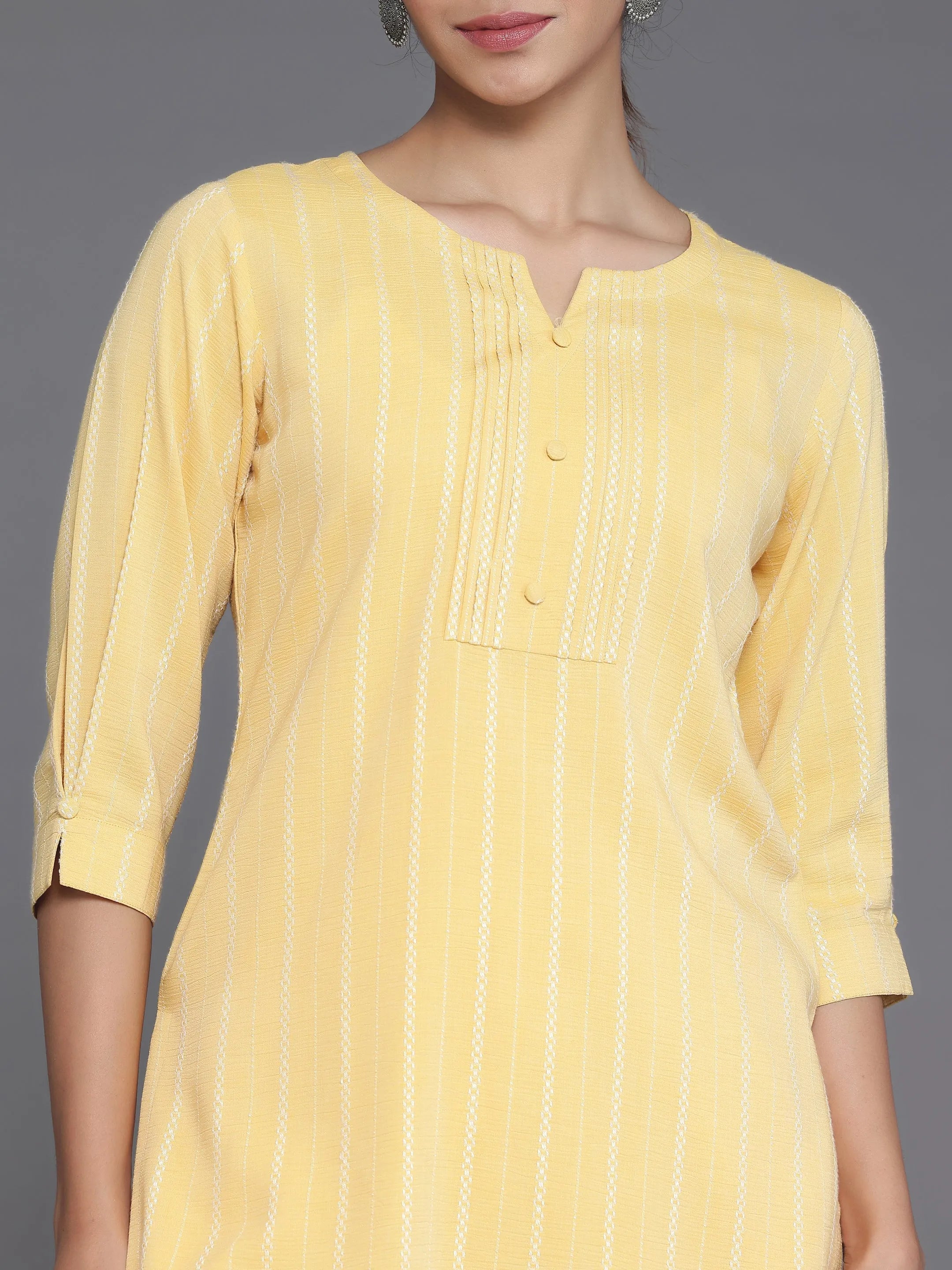 Mustard Woven Design Cotton Blend Straight Kurti
