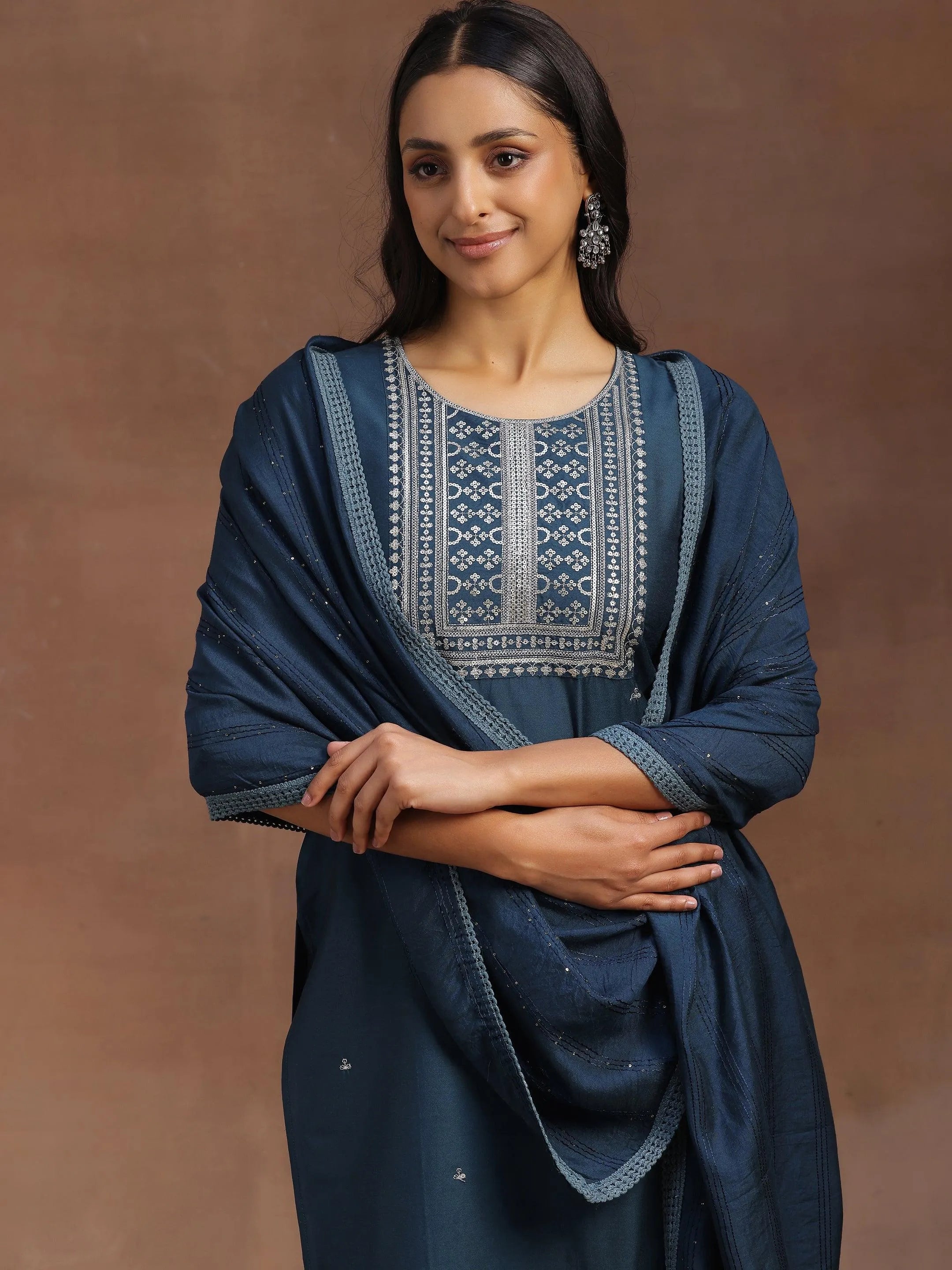 Blue Yoke Design Silk Blend Straight Suit With Dupatta