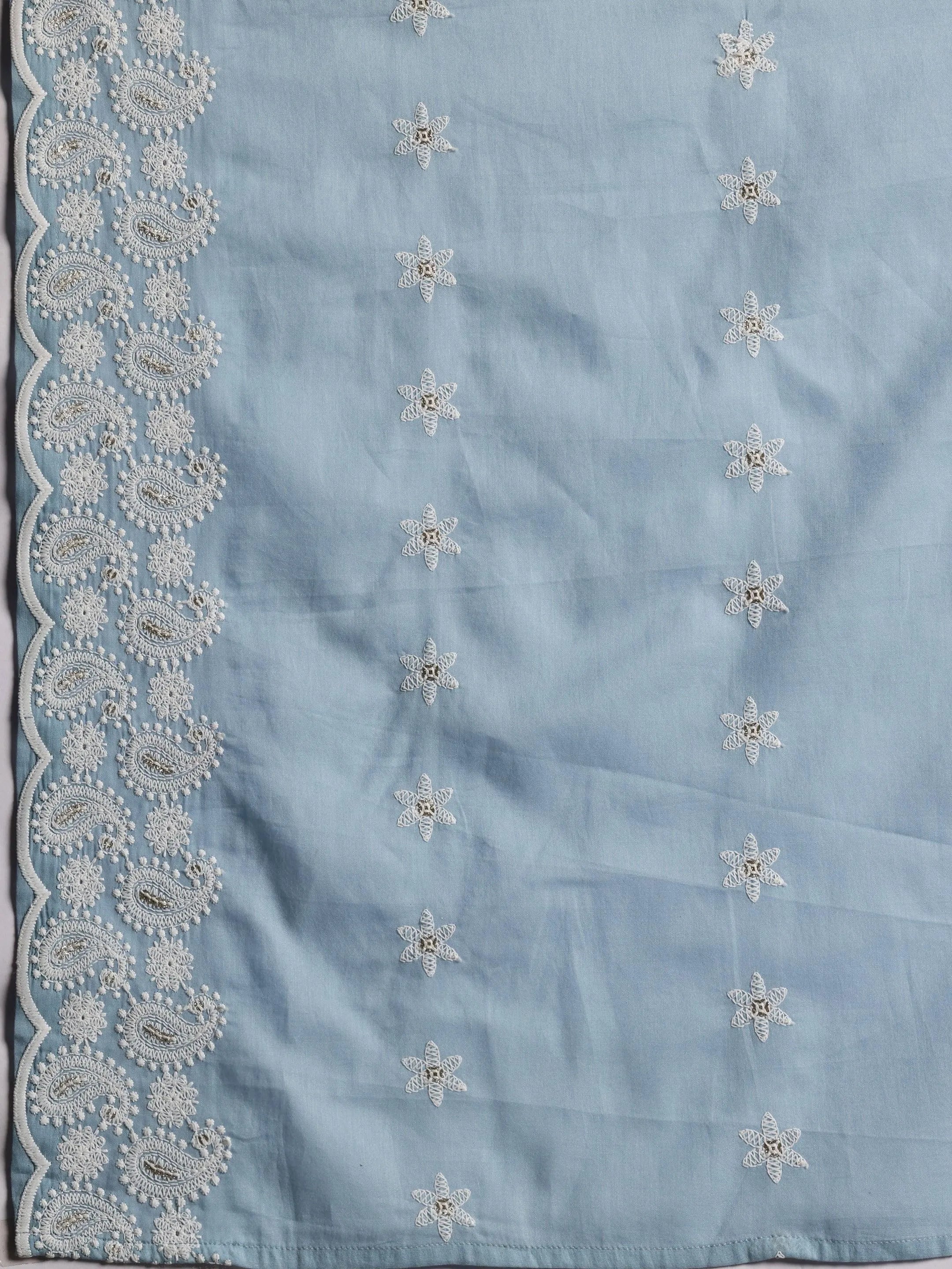 Blue Embroidered Cotton A-Line Kurta With Palazzos & Dupatta