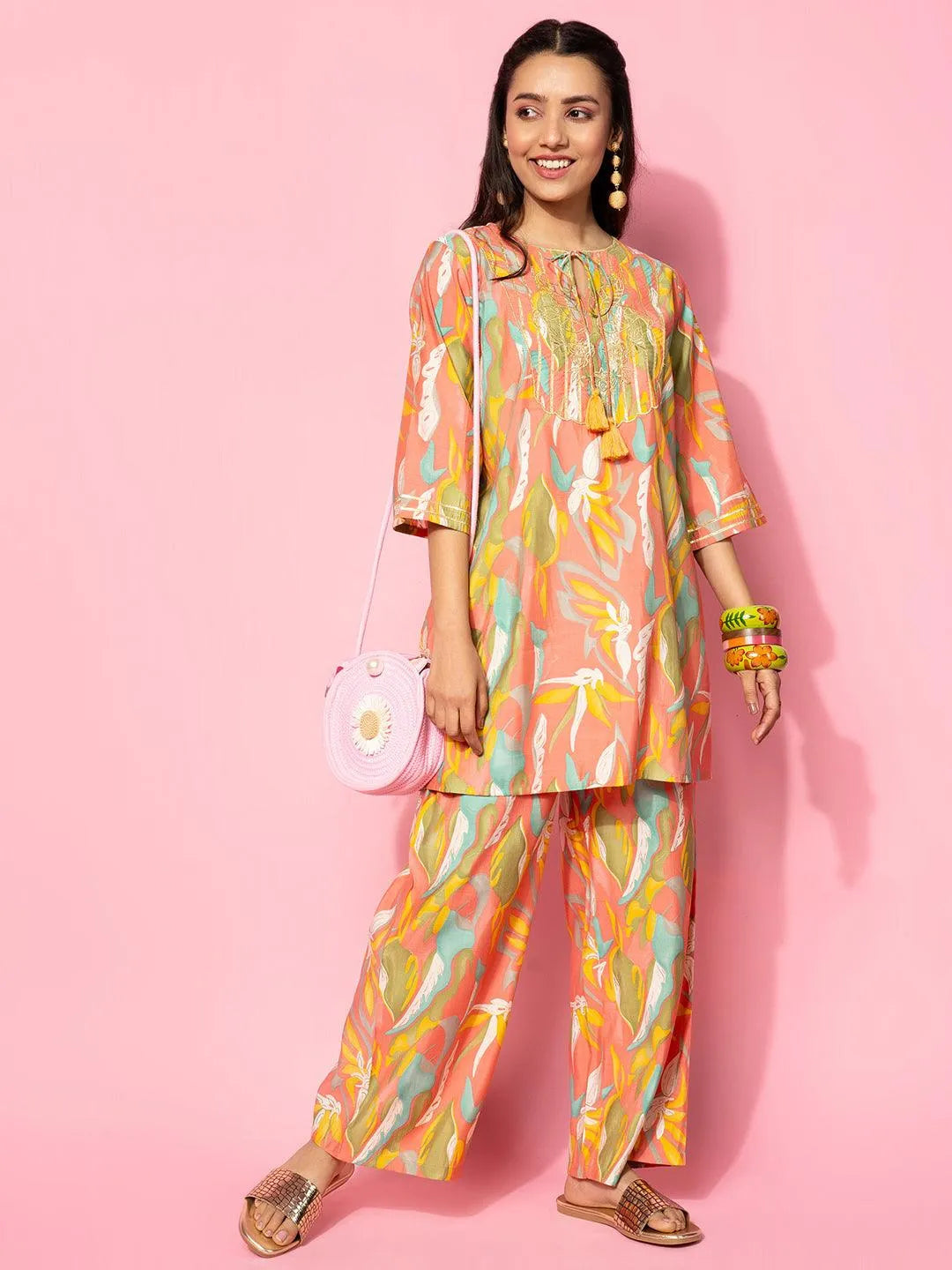 Coral Printed Silk Blend Co-Ords