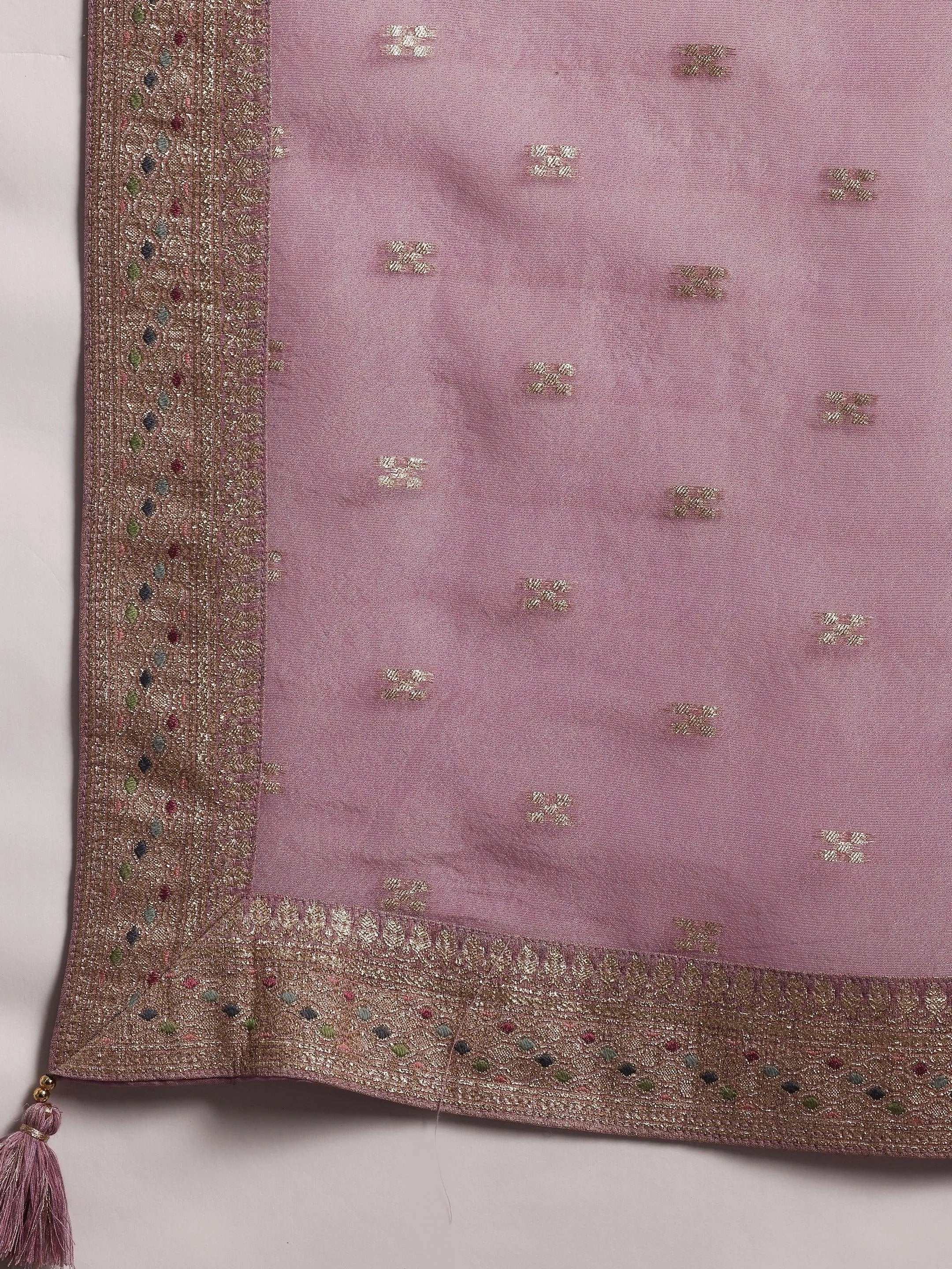 Mauve Woven Design Silk Blend Straight Kurta With Trousers & Dupatta